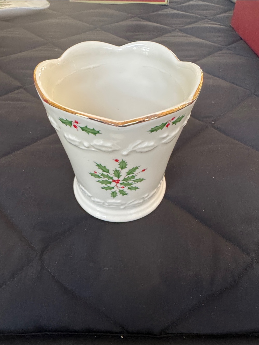 Lenox White Holly Pattern Ceramic Holiday Vase with Gold Trim